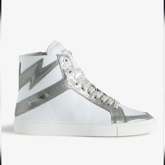 NEW! Zadig & Voltaire,  ZV1747 High Flash High-Top Sneakers,White/Silver,Size 38 - Picture 1 of 14